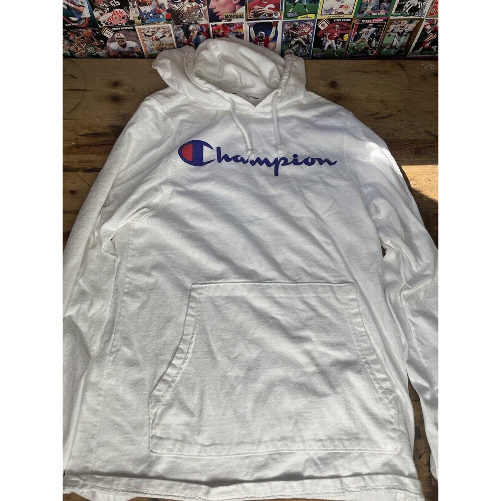Adult Authentic Champion White Hoodie Sweatshirt Small Spell out